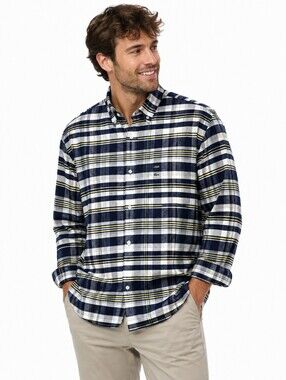 Lacoste Men’s Plaid Shirt Navy White Yellow 100% Cotton Regular Fit-  XL
